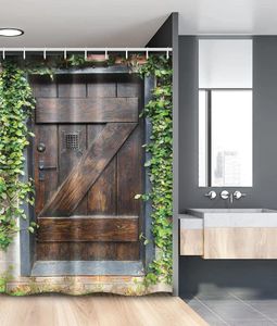 Cortinas de ducha Rústico Pequeño estilo español Puerta de madera teñida oscura con ventana rallada Decoración de baño Conjunto de ganchos