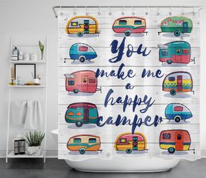 Rideaux de douche RV Rideau coloré Camper Happy Camping Voyage Planches rustiques Tissu imperméable Salle de bain Décor Ensemble avec crochet