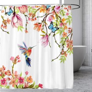 Rideaux de douche fleurs de printemps Bird Landscape Curtain Hummingbird Plantes de fleurs naturelles Accessoires de salle de bain Decor Bath