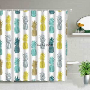 Cortinas de ducha, cortina de frutas de verano, flor amarilla exótica, diseño de hojas verdes, tela impermeable, decoración de baño