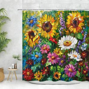 Cortinas de ducha Cortina de girasol Flor de granja Mariposa Citas inspiradoras Panel de madera a cuadros a rayas Tela de poliéster Conjunto de decoración de baño