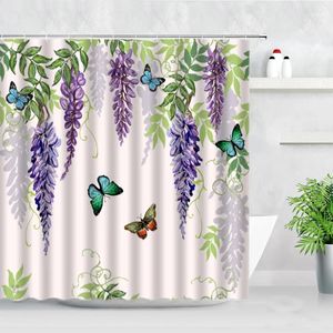 Rideaux de douche en tissu imperméable salle de bain fleurs violettes glysine pantalon papillon imprime le rideau de décoration nordique moderne