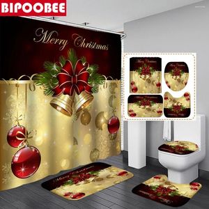 Cortinas de ducha Cortina del anillo de Xmas Conjunto de tela impermeable Batio de agua Feliz Navidad Tapa de tapa de baño Matina de baño y alfombra no deslizante