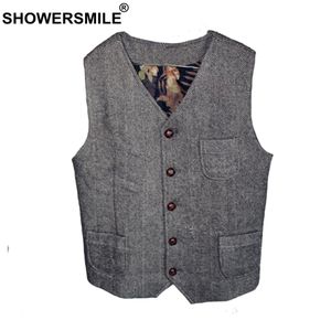 SHOWERSMILE Tweed Gilet Hommes Gris Chevrons Gilets Mâle Vintage Slim Fit Gilet Poches Automne Hiver Rétro Veste Sans Manches