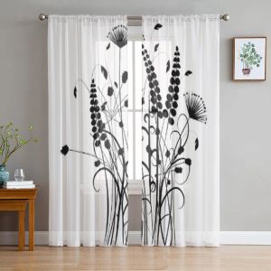 Volets Floral abstrait noir et blanc rideaux en tulle pour salon rideau transparent chambre voile organza traitements de fenêtre décoratifs