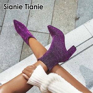 Sianie Tianie paillettes bling femme stretch bottes violet argent plaid léopard chaussette chaussette sexy bloc talons hauts femmes bottines 201102