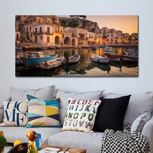 Pueblo costero siciliano con barcos de pesca, foto Real, imagen de paisaje impresa en lienzo para decoración para sala de estar