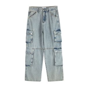 Jean Baggy bleu clair délavé avec poche latérale pour hommes, pantalon droit décontracté en Denim, pantalon Cargo surdimensionné