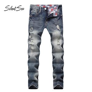 Jeans pour hommes Silentsea Fashion Biker Button Pants Trendy Designer Mens High Quality Blue Color Straight Ripped For Men