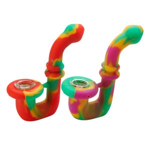 Pipes à main en silicone Fumer Incassable Bend Creative Camouflage coloré 128mm Pipe à tabac avec bol en verre Accessoires pour cigarettes