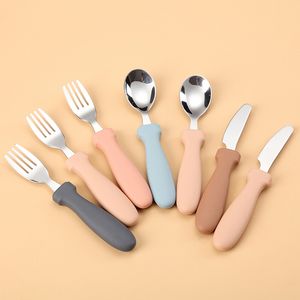 Manche en Silicone, ustensiles en acier inoxydable pour tout-petits, cuillère fourchette, ensemble de couverts de cuisine pour enfants, vaisselle occidentale, ensemble de 3