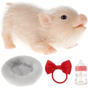 Silicone Pig Doll Toy with Bowknot Nursing Bottle Sleeping Pad Mini Soft Lifelike Animal Cute Realistic Reborn 240122