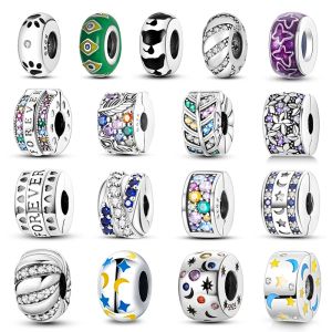 Silicone Spacer Beads 925 Sterling Silver Colorful Stars Moon Zircon Charms Beads Fit Original Bracelet Fine DIY Jewelry