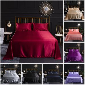 Soie Satin Feuille Plate Matelas Protecteur Couverture Lisse Couvre-lit De Mariage Couverture Taies d'oreiller pour Femmes Hommes Rouge Noir Violet 201113