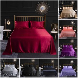 Soie Satin Feuille Plate Matelas Protecteur Couverture Lisse Couvre-lit De Mariage Couverture Taies D'oreiller pour Femmes Hommes Rouge Noir Violet 210626