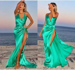 Silk Satin Romantic Green Prom Dress Jade Verde Long Long Sin espalda Longitud de la playa Sexy Beach Sdrew Destinados de fiesta de la noche