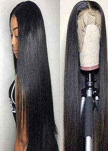 Perruque Lace Front Wig en soie, cheveux humains lisses, noir naturel, sans colle, longue et soyeuse, grande taille moyenne, avec Baby Hair7600485
