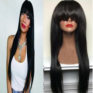 Peluca recta sedosa simulación peluca de cabello humano peluca de color natural recta sedosa con flequillo para mujeres negras en stock