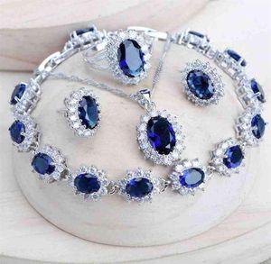 Conjuntos de joyería nupcial de plata 925 para mujer, disfraz de circonita azul, joyería fina, collar de boda, pendientes, anillos, pulseras, conjunto de colgante 222009134