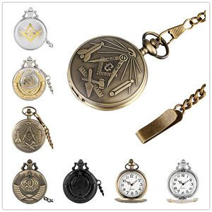 Relojes de plata/bronce/negro Masonic G Free-Mason Freemasonry Design Antique Women Men Reloj de bolsillo de cuarzo con colgante de cadena de regalo
