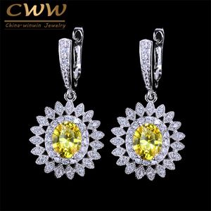 Couleur Argent Superbe Jaune Zircone Cubique Pierre Femmes Longue Fleur De Soleil Boucle D'oreille Avec Fermoir Facile CZ185 210714