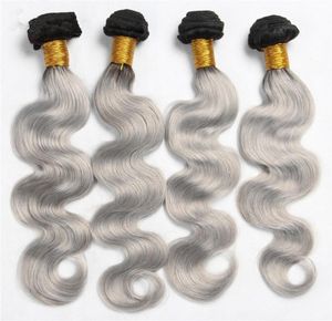 Silver Grey ombre Indian Body Wave Hair Extensions 1b Grey Two Tone Ombre Hair Packles 4pcs Lot Body Wave Hair Weave4446312