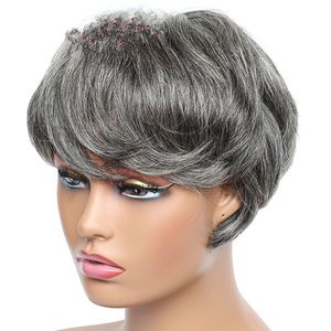 Silver Grey Short Pixie Cut Wigs salt&pepper human hair Natural Wave Wigs With Bangs Highlight Color Brazilian Hair gray Human Hair Wigs For Women color 44 machine made