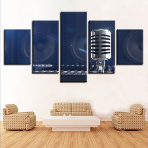 Silberne Mikrofon-Aufnahmestudio-Leinwand, HD-Drucke, Poster, Heimdekoration, Wandkunst, Bilder, 5-teiliges KIT, Gemälde ohne Rahmen