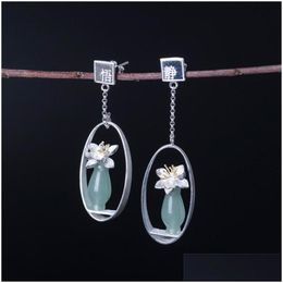 Boucles d'oreilles en argent naturel fait à la main avec fleurs sculptées en jade pour femmes authentiques en argent sterling 925 asymétrique lettre chinoise longue pendaison d'oreille Dhvxt