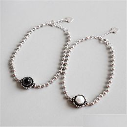 Silver New Trendy Vintage M Perles Chaîne Bracelets Femmes 925 Sterling Sier Perle D'eau Douce Et Noir Agate Bracelet Bijoux De Mariage Dhwky