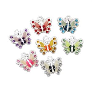 Cuentas de cristal de diamantes de imitación de mariposa esmaltadas plateadas, colgantes de 7 colores, accesorios de joyería, componentes L1559, 56 Uds., lot190Q