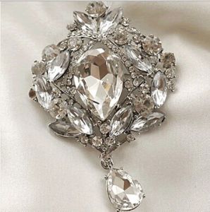 Plaqué argent grande broche en cristal de strass clair goutte d'eau broche de mariée scintillante