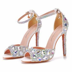 Silver Sparkly High Heels Tobillo Strap Glitter Shoes Platform Pumps 2022 34-46 11cm Wedding Bride Party Cocktail Prom Quinceanera Birthday Peep Toe AB Stones