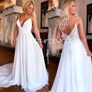 Vestido de novia bohemio sencillo de talla grande, tirantes finos sexys con cuello en V, vestido de Novia de playa sin espalda 2024, vestido de Novia de campo bohemio de encaje, Vestidos griegos De Novia 2024