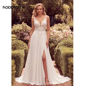 Robe De mariée Boho Simple pour femmes, col en v, dos nu, avec boutons, en mousseline De soie, avec des Appliques, YD, 2024