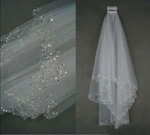 Simple Bridal Veil With Comb Fashion Ribbon Edge Short Two Layer Sequined Shoulder Length Wedding Accessories White/Ivory