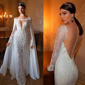 Sirène élégante dentelle appliques robes de mariée avec cape en mousseline de soie détachable col profond à manches longues dos transparent robe de mariée train