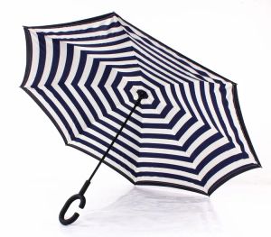 Parapluies inversés à rayures marines simples en forme de C poignée en forme de J imperméable à l'eau double couche parapluie de voiture inversé Parapluie de pluie Parapluie 4 couleurs
