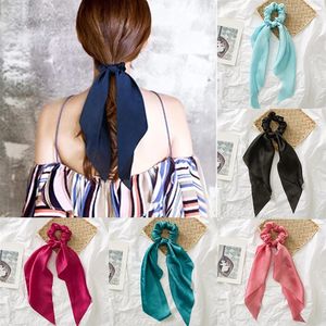 Simple Solid Women Bow Knot Hair Band Satin Silk Headwear Fashion Long Ribbon Scarf Hair Scrunchies Ponytail Holder Accessories