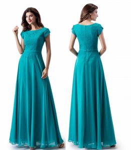 Vestido de fiesta modesto largo de gasa de encaje de una línea turquesa simple con mangas casquillo Vestido de noche de fiesta de boda verde azulado hasta el suelo con joya nueva