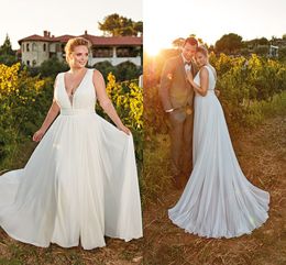 Simplea bohème pas cher grande taille robes en dentelle col en V profond en mousseline de soie longueur de plancher robe de mariée élégante robe de mariée robes estidos