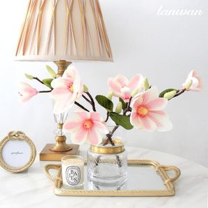 Simulation de fleurs décoratives à trois têtes Magnolia, bouquet artificiel haut de gamme pour décoration de maison, fleur en soie pour mur de mariage