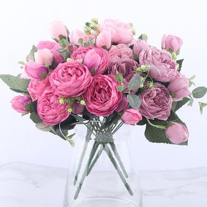 30 cm rose rose rose pivoine Bouquet de fleurs artificielles 5 Big Head et 4 Bud Fake Flowers for Home Wedding Decoration