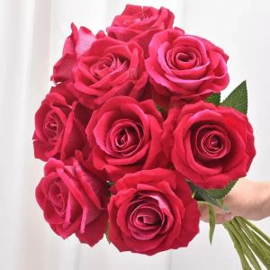 Un solo tallo de franela rosa realista rosas artificiales flores para el día de San Valentín boda despedida de soltera decoración del jardín del hogar al por mayor