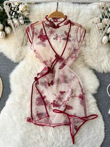 Singreiny Mesh Sheer Sexy Night Dress Femme Hollow Out Split Retro Sous-vêtements broderie Cheongsam Sage d'été Pyjamas érotique 240419