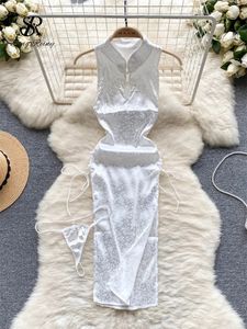 Singreiny Sexy Lace Patchwork Long Dress Veste avec cardigan sans manches creux Cheongsam pour femmes robe sexy érotique ultra-mince 240430