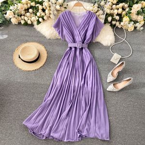 Singreiny Women Summer Plisado Dress Corean V Cuello elegante Solid A-Line Dresses Fashion Romantic Holiday Beach Vestido largo 210419
