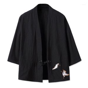 Camisas de lino y algodón bordadas de tienda china, Kimono tradicional de punto abierto para hombre, camisa de manga tres cuartos Harajuku1