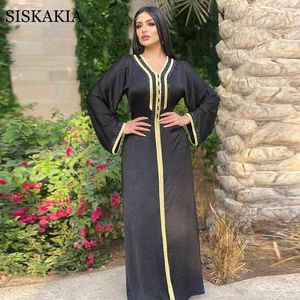 Vestido de hijab Muslim Muslim de Siskakia Eid 2021 Mujeres elegantes Black Diamond Cinta marroquí Kaftan Turquía Árabe Islámica Ropa G1214