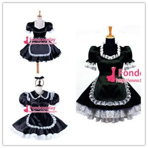 Sissy Maid Noir Satin Uniforme Verrouillable Robe Cosplay Costume pour Animation Exposition Plage Vacances Sexy Prom Night Dresses265S